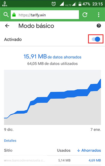 Activa el ahorro de datos del navegador